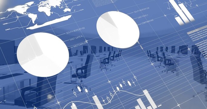 Projecting white pie charts and candlesticks above rows of desks, highlighting data analytics