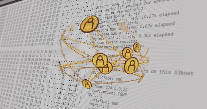Floating golden network graph overlay on terminal in workspace, with Nmap hexadecimal data blocks - Powered by Adobe