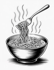 A fork lifting steaming noodles from a bowl, isolated on white background