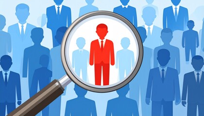Conceptual illustration of recruitment and talent acquisition, with a magnifying glass selecting a standout candidate from a crowd