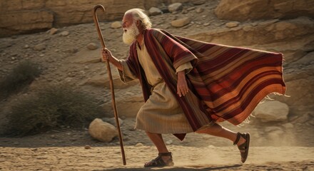 Elderly prophet man with long beard walking in desert. Moses with staff. Biblical era and ancient history concept for religion.