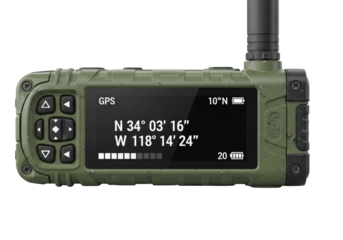 Rugged olive green satellite device, textured grip, antenna, monochrome LCD showing GPS, white studio background, extreme durability concept.