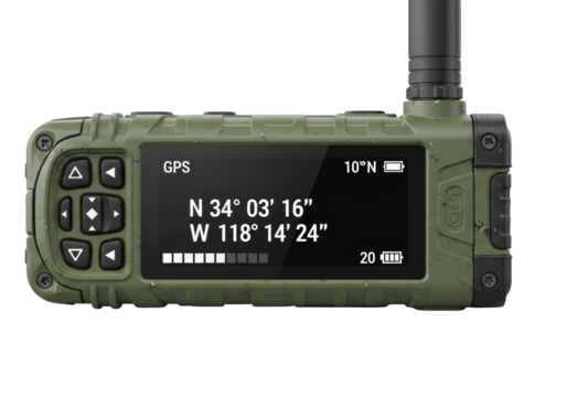 Rugged olive green satellite device, textured grip, antenna, monochrome LCD showing GPS, white studio background, extreme durability concept.