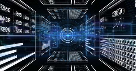 Displaying central circular interface rotating inside data tunnel, with holographic data panels