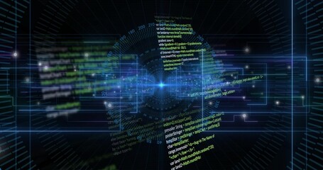 Pulsing code sphere hovering in cyberspace, with UI panels, radial grid lines and blue light flare