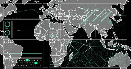Futuristic map showing continents with green overlay on digital HUD, featuring dials and charts