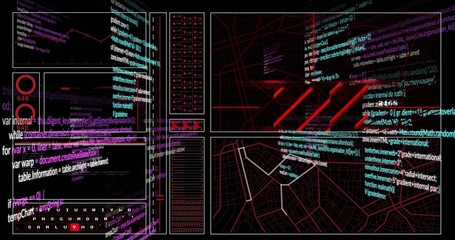 Multipanel interface displaying code, charts, wireframe map and red network grid on tech console