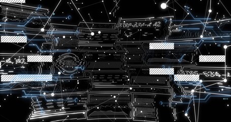 Showing abstract network in virtual space, with glowing lines, nodes, code panels and data points