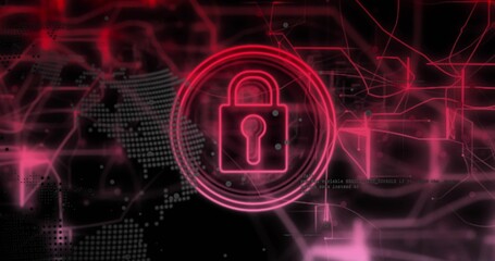 Displaying pink padlock icon glowing in virtual security interface with map and network connections