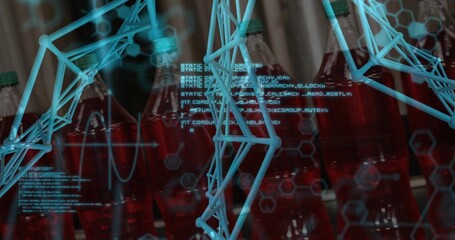 Displaying red bottles with green caps on bottling line, blue wireframe network, code, hex patterns