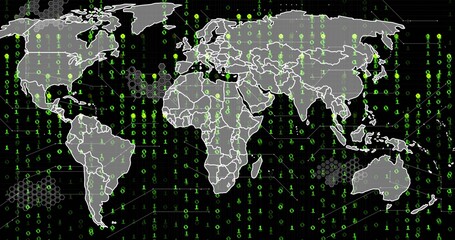 Displaying world map flowing across interface, with green binary code, hex nodes, connecting lines
