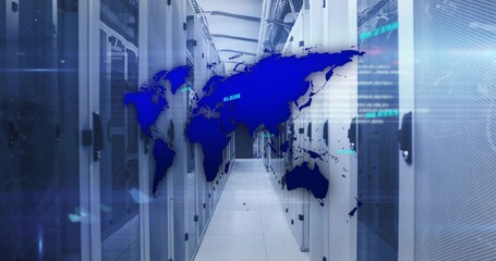 Showing data center corridor featuring digital world map overlay, with server racks blinking LEDs