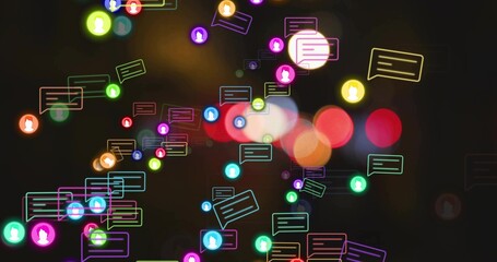 Floating neon speech bubbles with user icons drifting over blurred light circles in digital overlay