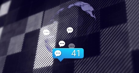 Floating blue chat notification bubble showing 41 over digital grid, with white icons and map