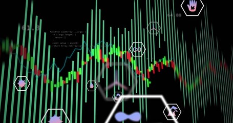 Data dashboard displaying bar chart in interface, with candlestick markers, code snippet, hex icons