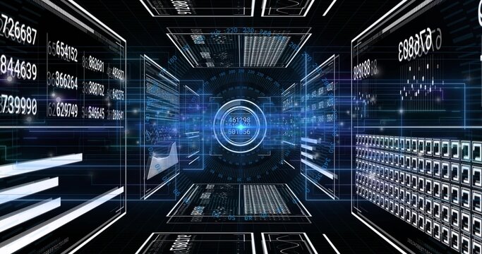 Displaying central circular interface rotating inside data tunnel, with holographic data panels