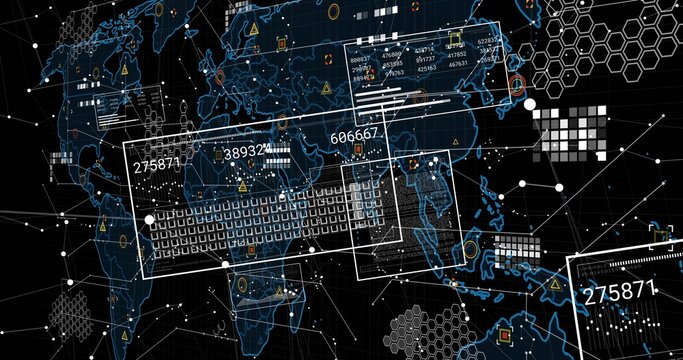Displaying digital world map overlaying interface, with data panels, hex grid, warning icons