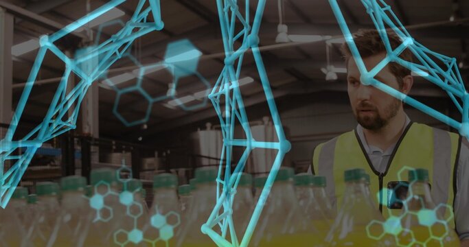 Factory technician in safety vest scanning bottles in plant, with data overlay, copy space
