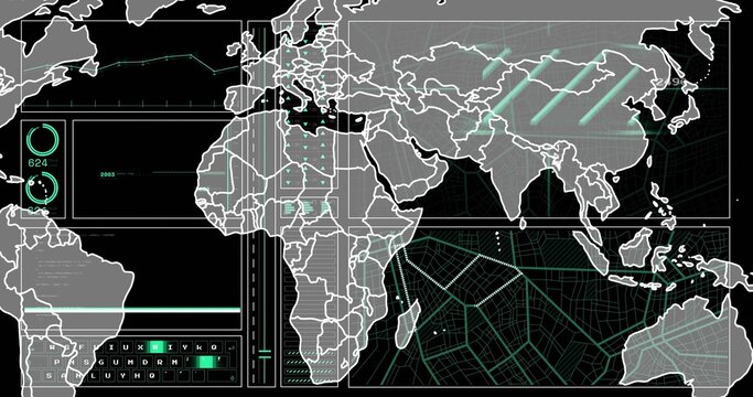 Futuristic map showing continents with green overlay on digital HUD, featuring dials and charts