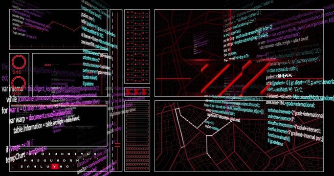 Multipanel interface displaying code, charts, wireframe map and red network grid on tech console