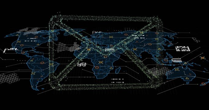 Floating 3D particle envelope hovering over virtual world map, with hex grid lines and data nodes