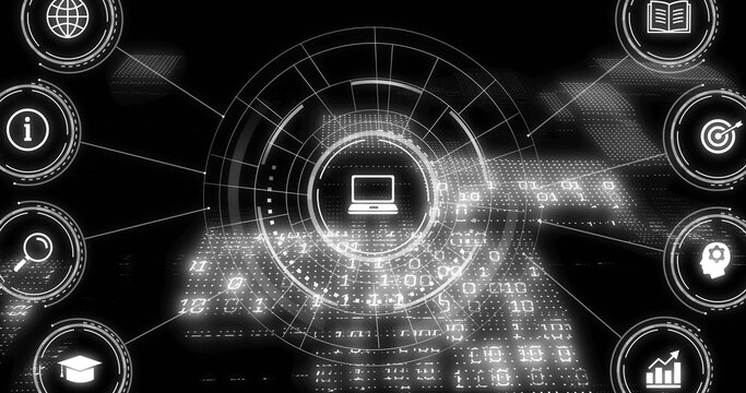 Displaying central laptop icon within grid at virtual interface, with binary streams and tech icons - Powered by Adobe