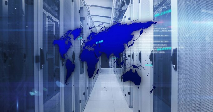 Showing data center corridor featuring digital world map overlay, with server racks blinking LEDs