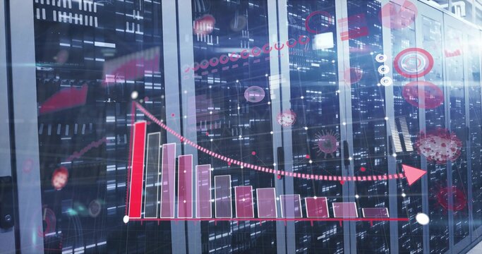Displaying red-pink bar chart over server racks at data center with blinking LEDs, virus icons