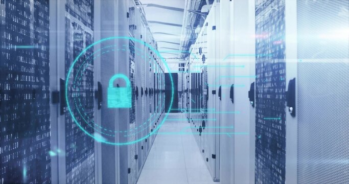 Displaying central data center corridor showing holographic lock icon, with server racks and cables