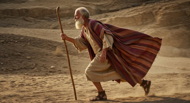 Old man walking through desert with staff. Prophet in ancient oriental clothing. Bible story concept for religious event.