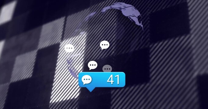 Floating blue chat notification bubble showing 41 over digital grid, with white icons and map
