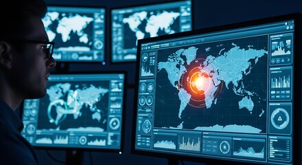 Data analyst monitors global network activity and security threats on multiple displays