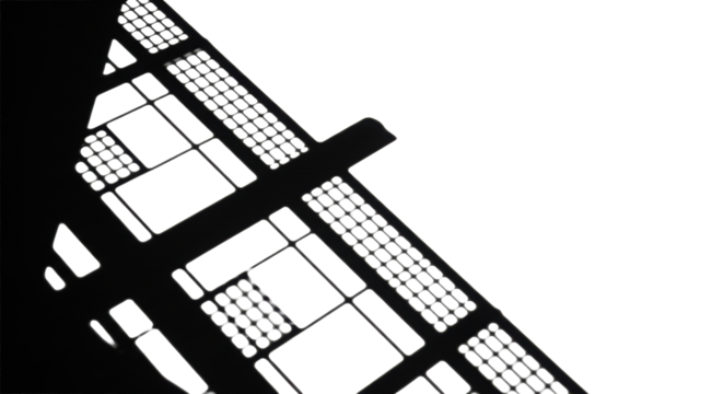 Sharp, deep black shadows of metal beams & industrial grates form abstract geometric patterns on transparent with copy space, strong studio lighting, abstract architectural design concept