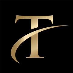 Golden Swooshing letter T Logo with Swoosh Graphic