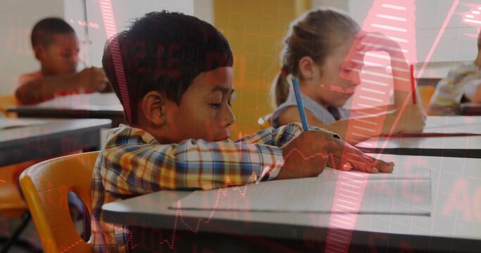 Writing boy in plaid shirt using pencil at school desk, with orange chairs, red chart overlay