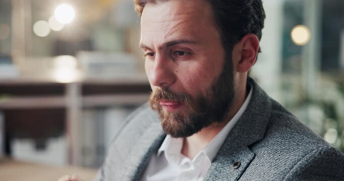 Business, headache and man in office, stress and frustrated with fatigue, debt and pressure. Person, employee and consultant in workplace, migraine and deadline with symptoms of exhaustion or burnout