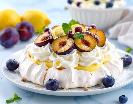 Tort Pavlova z kremem cytrynowym i ze śliwkami