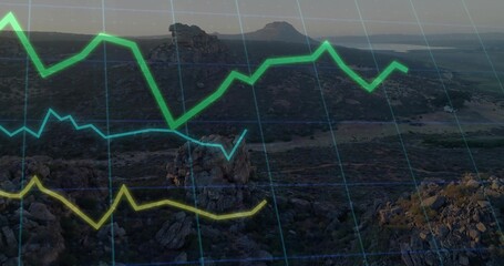 Overlaying grid and neon trend lines tracking data across arid plateau, with central rock pillar