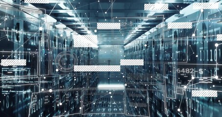 Displaying server racks lining data center corridor, with LED panels, network cables and overlays