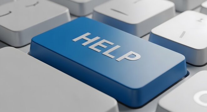 Close up of a blue help button on a computer keyboard symbolizing assistance