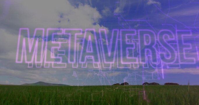 Fototapeta Glowing purple neon METAVERSE text hovering over green grassland under cloudy sky with grid overlay