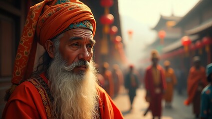Elderly man with turban in bustling Indian street