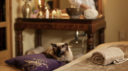 The beautician in linen robe blends essential oils at the sandalwood table, the Siamese cat curled up on the velvet pad to nap, and the entire spa was filled with the soothing breath of lavender and s