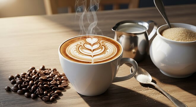 Artistic latte with steamed milk, sugar, and coffee beans arrangement