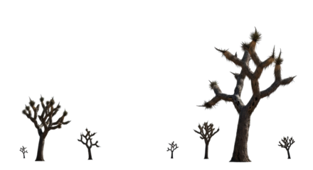 Gnarled desert trees with rough dark bark, spiky and twisted branches, silhouetted by sharp midday sun on transparent background with copy space, concept of arid resilience