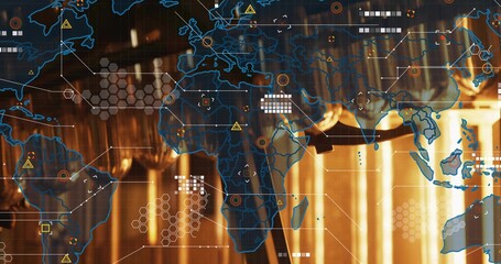Displaying blue world map overlay covering plant corridor, with metal pipes and target indicators