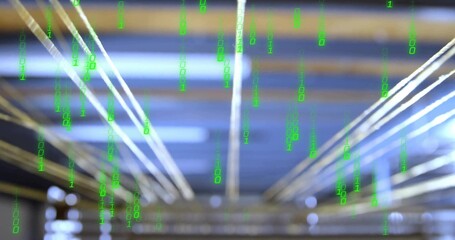 Displaying network cables carrying green binary code in server room corridor, technical scene