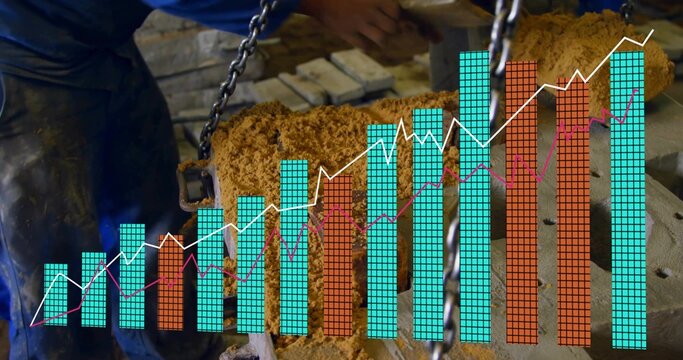 Craftsman in coveralls lifting cylinder and adjusting chain hoist in shop, with data overlay