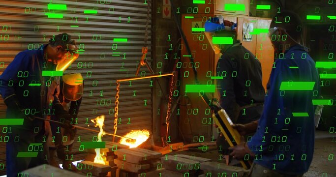 Pouring metal from crucible senior man operating chain hoist in foundry, with green code overlay
