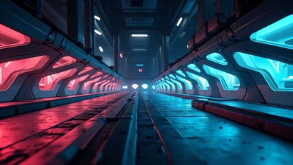 Futuristic corridor with red and blue lighting
